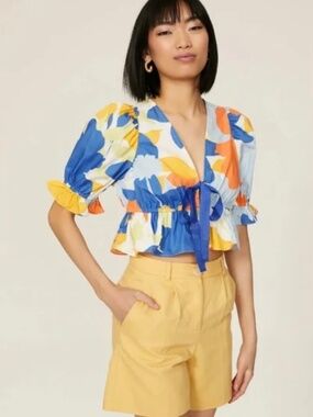 Peter Som Blue and Yellow Floral Cotton Crop Tie Blouse